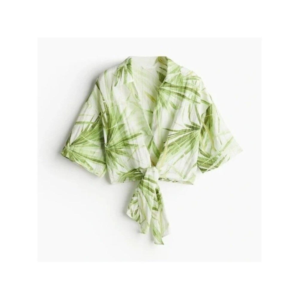 H&M Small White & Green Tropical Leaf Blouse Tie Front Beach Lightweight Summer